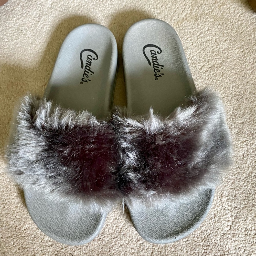 Candies Gray Furry Slides Size 8 NWOT